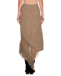 Stella McCartney Cashmere Wool Fringe Hem Midi Skirt Beige