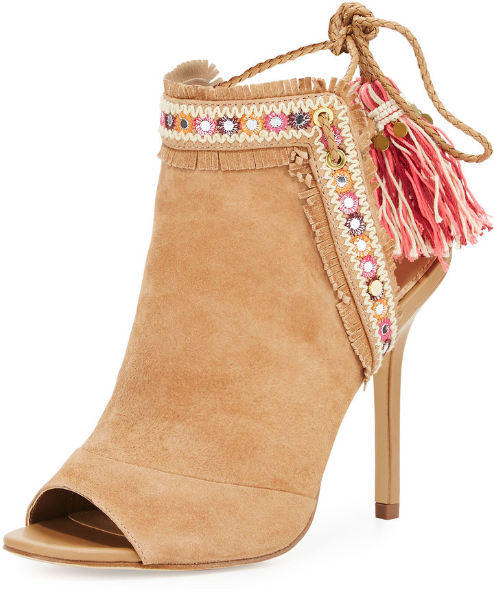 Sam Edelman Artie 2 Fringe Open Toe Bootie Camel, $150 | Neiman