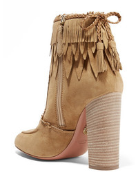 Aquazzura Tiger Lily Leather Trimmed Fringed Suede Ankle Boots Beige
