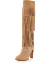 Tan Fringe Suede Knee High Boots