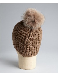 Tan Wool Blend And Fox Fur Pom Pom Hat