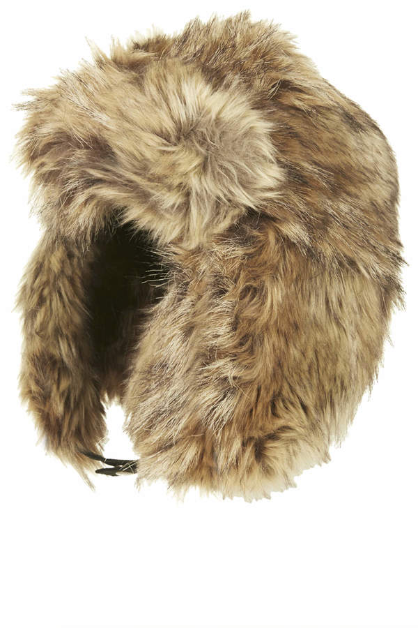 Topshop Faux Fox Fur Trapper With Popper Fastening Detail 89% Acrylic