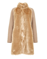 Giamba Tan Wool Blend Faux Fur Embellished Coat