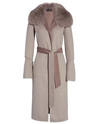 Elie Tahari Annabelle Genuine Fox Fur Trim Double Face Long Wrap Coat