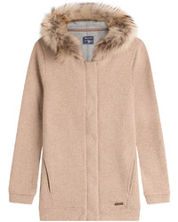 Woolrich Cardigan With Wool And Cotton And A Fur Trimmed Hood