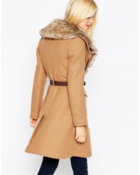 Asos Collection Coat In A Line Fit With Faux Fur Collar And Belt