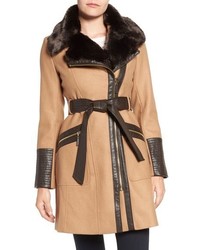 Via Spiga Faux Leather Faux Fur Trim Belted Wool Blend Coat