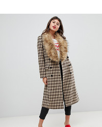 UNIQUE21 Oversized Car Coat In Yellow Check With Faux Fur Collar And Cuffs Check