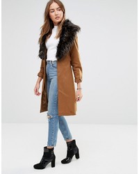 Brave Soul Wool Mix Longline Coat With Oversized Faux Fur Collar