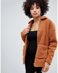 Missguided Oversized Pocket Detail Borg Jacket In Rust