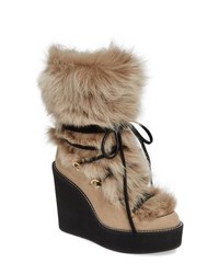 Tan Fur Wedge Ankle Boots