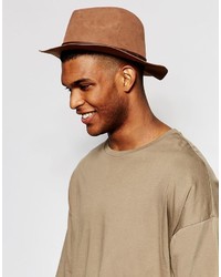 Asos Brand Fedora Hat In Camel Faux Suede