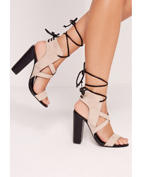 Missguided Cross Strap Lace Back Block Heeled Sandals Nude