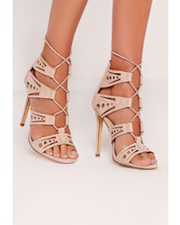 Missguided Laser Cut Rope Lace Up Heeled Sandal Nude