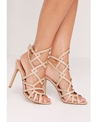 Missguided Laser Cut Strappy Heeled Sandal Nude