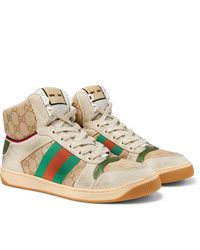 Gucci Screener Webbing Trimmed Distressed Leather And Monogrammed Canvas High Top Sneakers