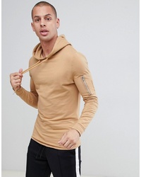 ASOS DESIGN Muscle Longline Hoodie With Ma1 Pocket And Curved Hem In Beige