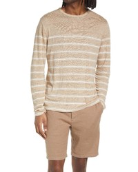 Vince Stripe Crewneck Linen Sweater In Desert Sandoptic White At Nordstrom