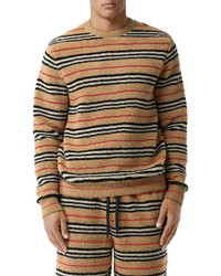Tan Horizontal Striped Fleece Crew-neck Sweater
