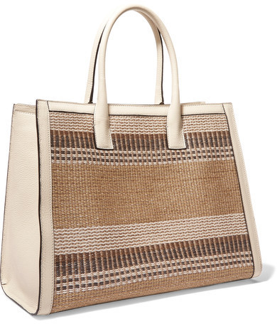 AERIN Rin Textured Leather Trimmed Striped Straw Tote Beige