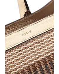 AERIN Rin Textured Leather Trimmed Striped Straw Tote Beige