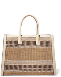 AERIN Rin Textured Leather Trimmed Striped Straw Tote Beige