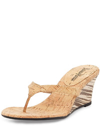 Neiman Marcus Malana Cork Striped Wedge Sandal Natural