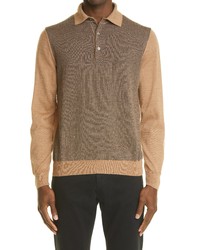Tan Houndstooth Wool Polo Neck Sweater