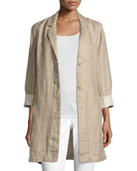 Eileen Fisher Notched Collar Organic Linen Long Jacket Natural Plus Size