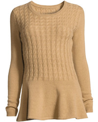 Neiman Marcus Cashmere Cabled Peplum Pullover Sweater Camel