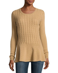 Neiman Marcus Cashmere Cabled Peplum Pullover Sweater Camel