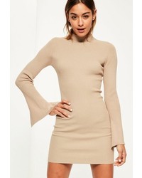 Missguided Camel Extreme Sleeve Mini Knit Sweater Dress