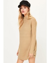 Missguided Camel Funnel Neck Knit Sweater Dress