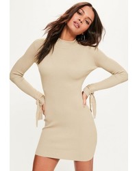 Missguided Camel Tie Sleeve Ribbed Mini Knit Sweater Dress
