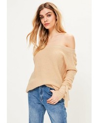 Missguided Camel Ribbed Bardot Knit Sweater