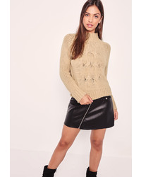 Missguided Camel High Neck Chunky Cable Cropped Sweater