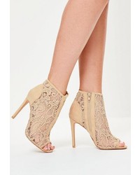 Missguided Nude Lace Peep Toe Heeled Ankle Boots