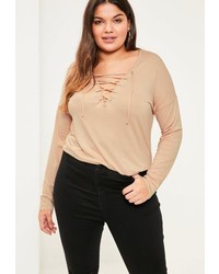 Missguided Plus Size Nude Long Sleeve Lace Up Top