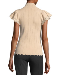 Rebecca Taylor Short Sleeve Pointelle Scalloped Lace Top