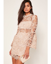 Missguided Nude Long Sleeve Lace Bodycon Dress