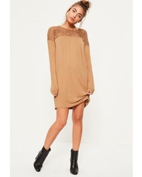 Missguided Camel Lace Insert Top Long Sleeve Dress