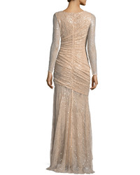 Carmen Marc Valvo Long Sleeve Lace Sequin Evening Gown