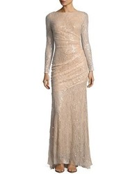Carmen Marc Valvo Long Sleeve Lace Sequin Evening Gown