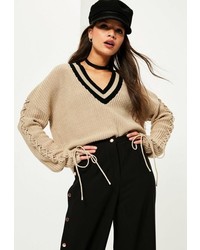 Missguided Camel Lace Up Sleeve Plunge Sweater