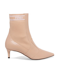 Fendi Logo Jacquard Ribbed Stretch Knit And Leather Sock Boots