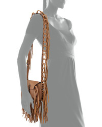 Valentino C Rockee Pebbled Leather Fringe Shoulder Bag Camel