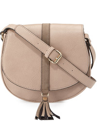 Neiman Marcus Tassel Faux Leather Saddle Bag Taupe