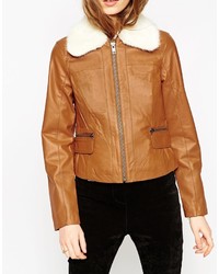 Asos Collection Leather Biker Jacket With Faux Fur Collar
