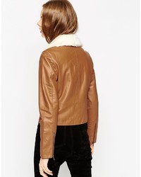 Asos Collection Leather Biker Jacket With Faux Fur Collar