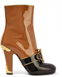Prada Buckled Two Tone Patent Leather Boots Tan